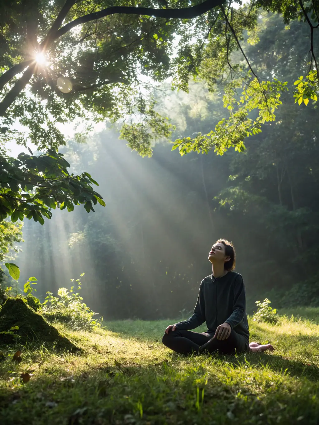 A person meditating peacefully in a serene natural setting, sunlight filtering through the trees, representing stress relief with MycoWell's products.