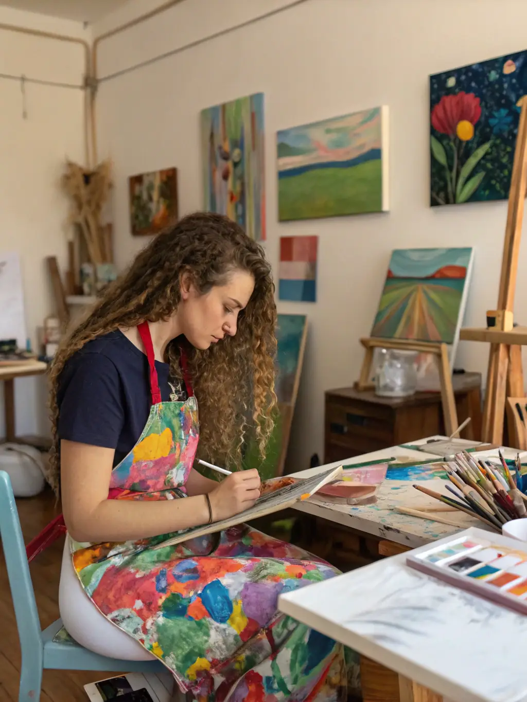 A person enjoying a creative activity, such as painting or playing music, with a focused and joyful expression, symbolizing enhanced creativity with MycoWell's products.