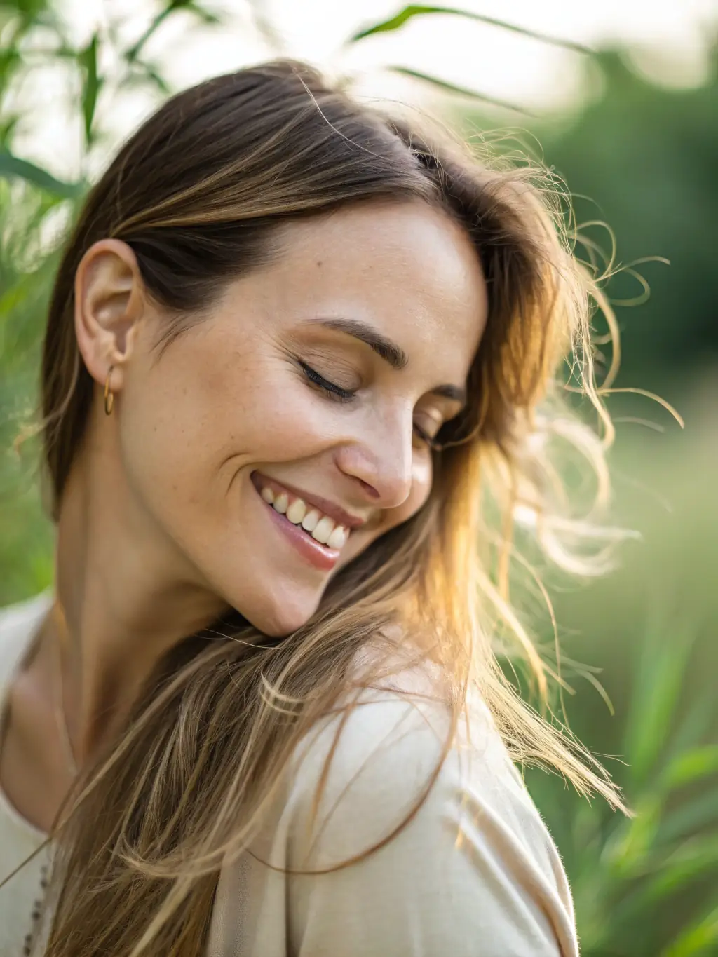 A person smiling genuinely, surrounded by vibrant, uplifting colors, representing improved emotional balance with MycoWell's products.