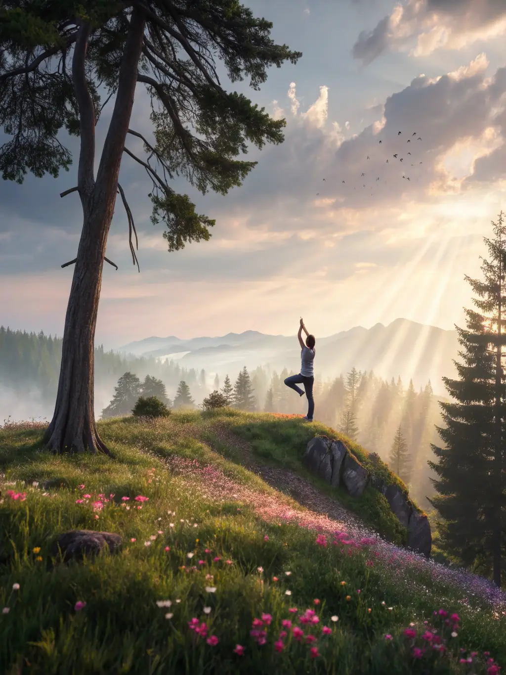 A person practicing yoga with a serene expression, surrounded by calming colors, symbolizing anxiety reduction with MycoWell's offerings.